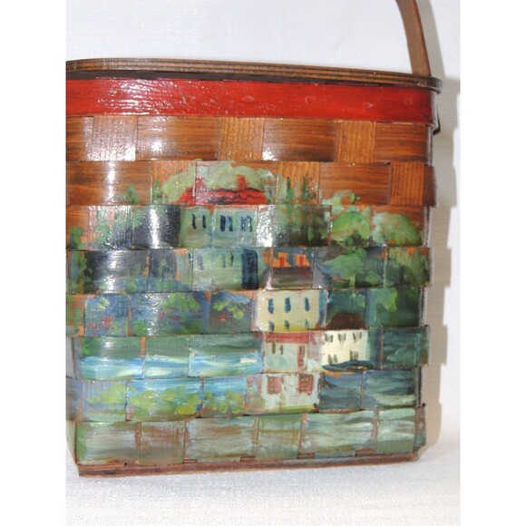 VTG 60s‎ Hand Painted Wooden Picnic Basket Handbag (Bonus 2 VTG Stamps) - Picture 2 of 16